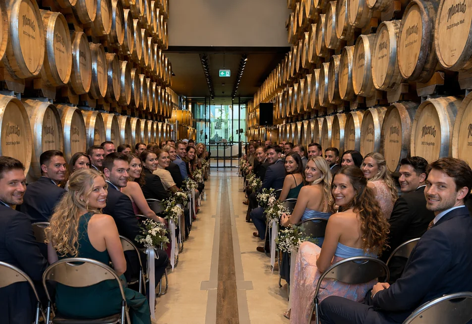 Hochzeit im Fasslager - Hochzeitsgäste schauen das Brautpaar an