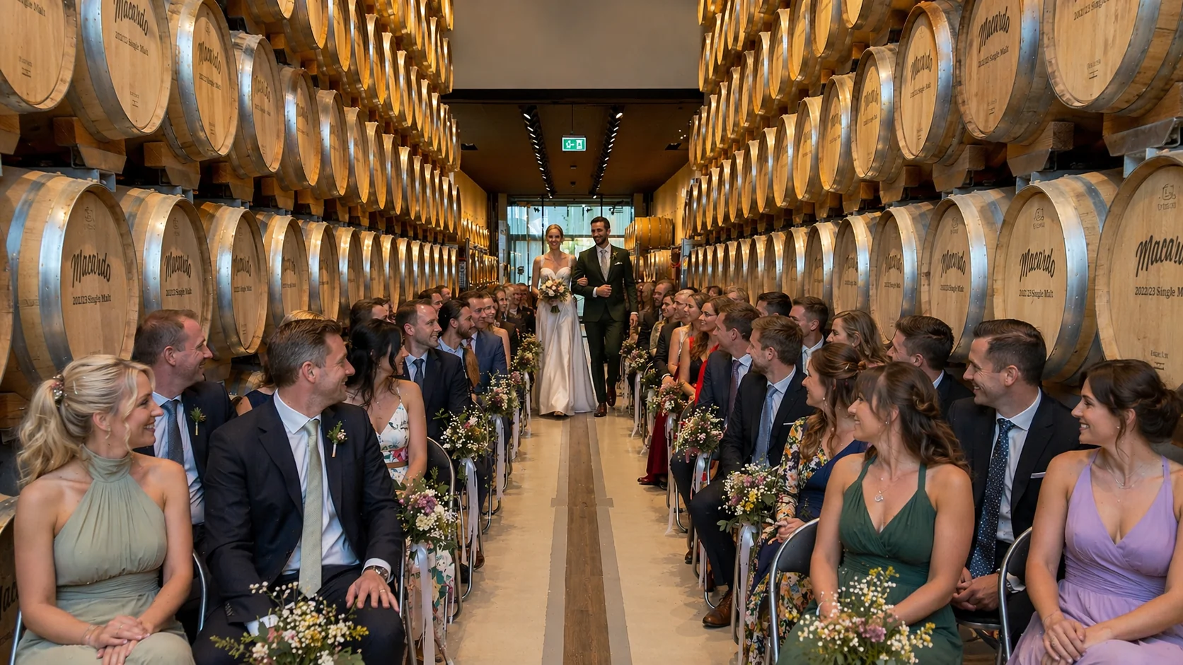 Hochzeitspaar im Fasslager die reinlaufen